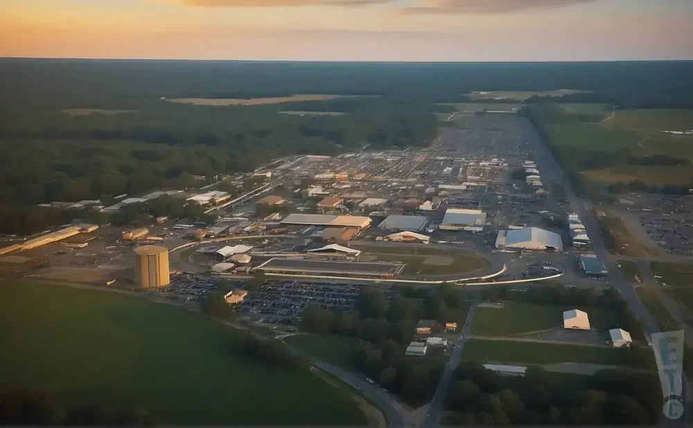 Aerial view of a fairground with buildings, a racetrack, and parking lots under a sunset sky.