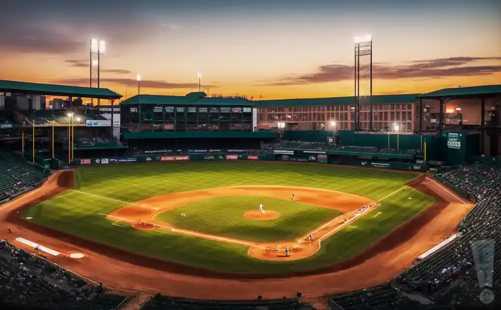 A baseball field at sunset, with stadium lights on and a game in progress.