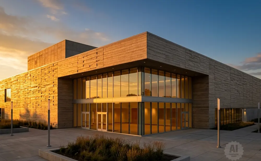 Modern building with textured concrete walls and large glass windows at sunset.
