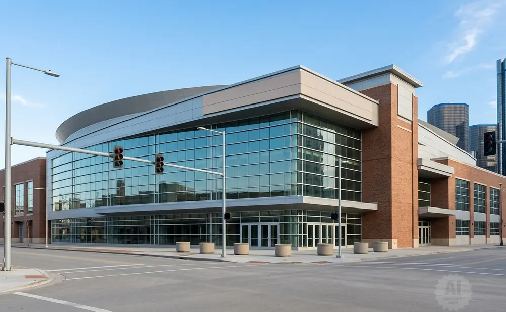 Modern convention center with a glass facade and brick accents, under a clear blue sky.
