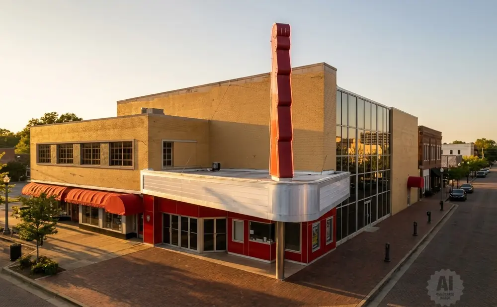 Exterior of a historic theater with a tall red marquee, brick building, and glass facade on a sunny day.