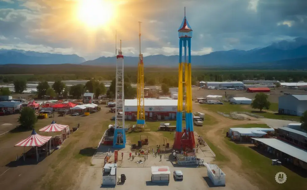 An aerial view of an amusement park with three towering rides, tents, and buildings under a bright, sunny sky.