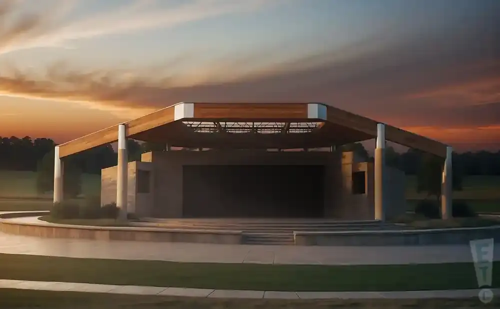 Outdoor amphitheater with a modern wooden and stone structure under a dramatic sunset sky.