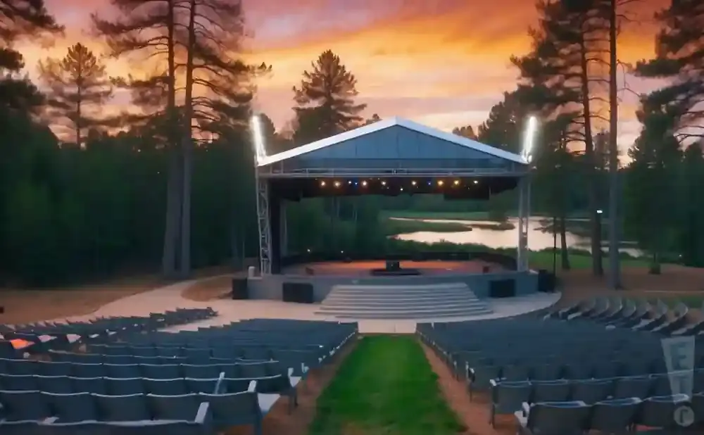 Outdoor amphitheater stage with seating under a colorful sunset sky.
