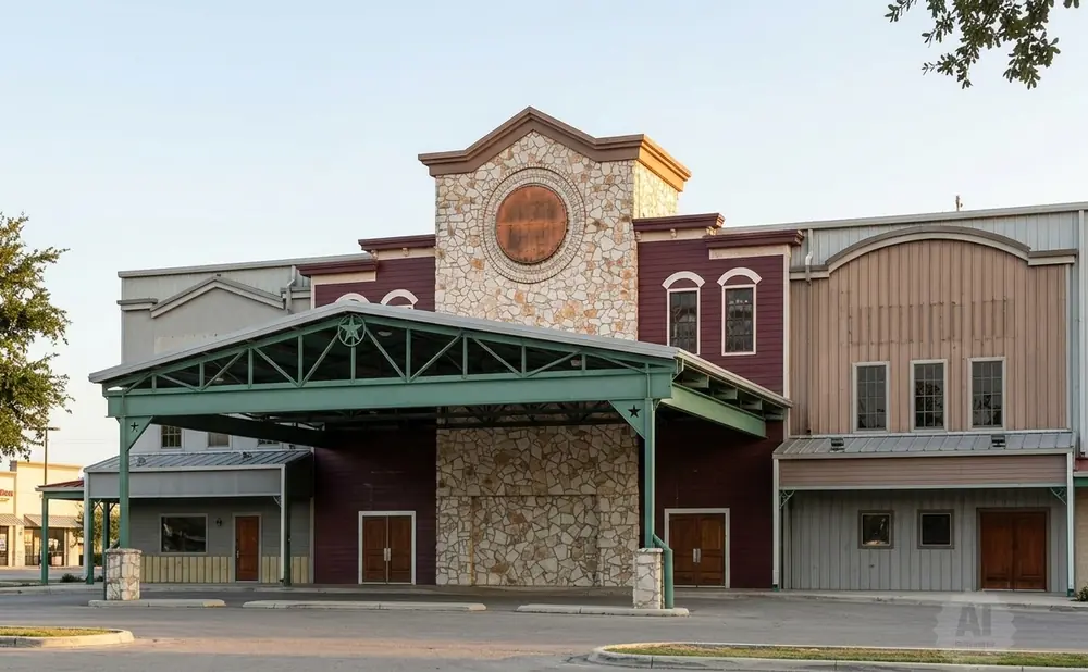 A large building with a green awning and stone accents, under a clear sky.