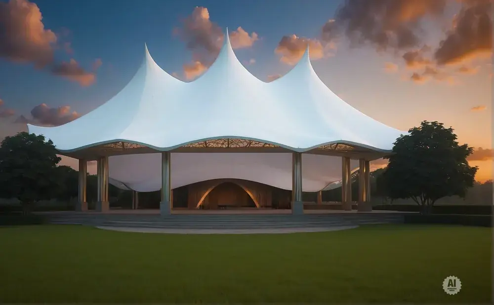 A white tented amphitheater with a dramatic canopy sits in a grassy field at sunset.
