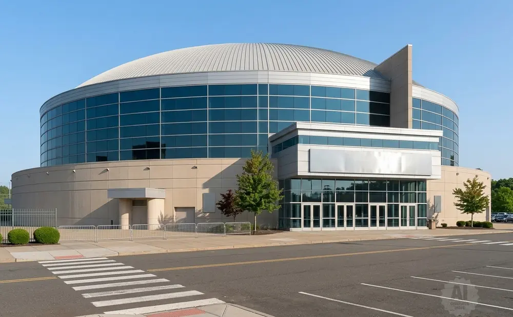 Modern circular building with a domed roof and large glass windows, seen from across a street with a crosswalk.