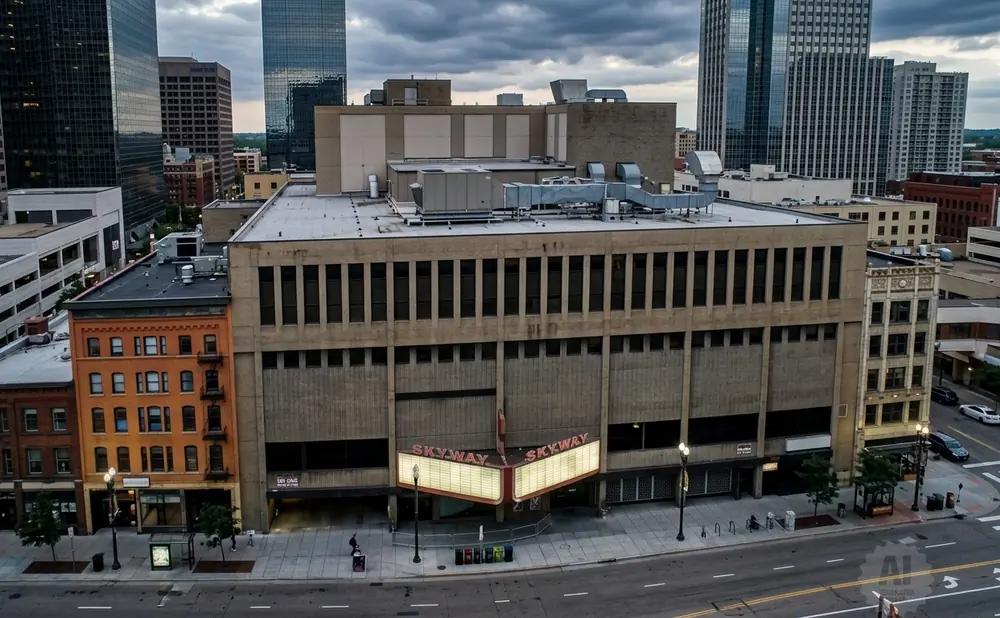 An aerial view of an urban area with a large, beige theater building in the foreground, displaying 