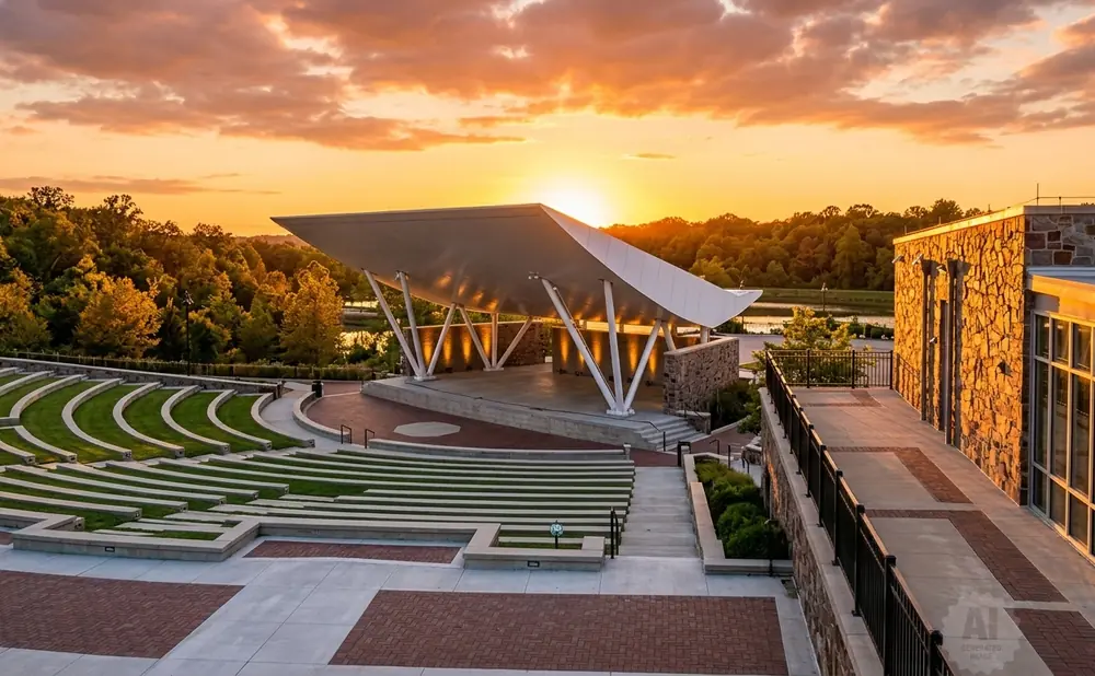 Outdoor amphitheater with tiered seating and a covered stage at sunset.