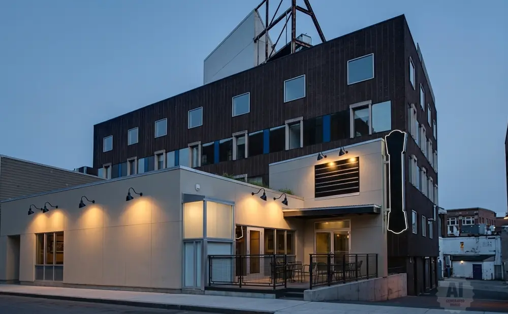 Modern building with dark facade and lighted windows, and a lighter single-story section with outdoor seating.
