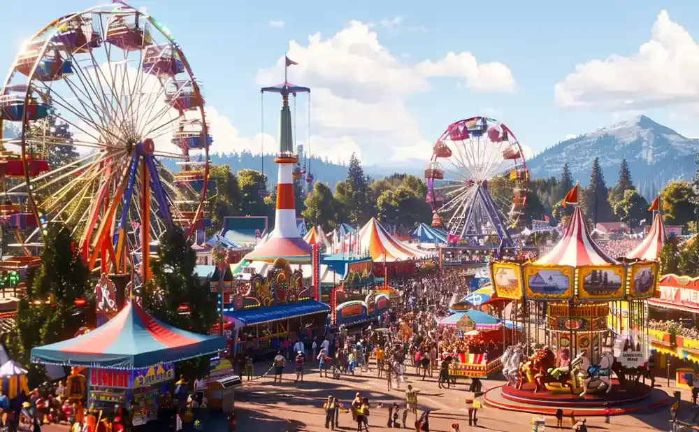 A lively amusement park with Ferris wheels, a carousel, and many people enjoying the attractions under a blue sky.