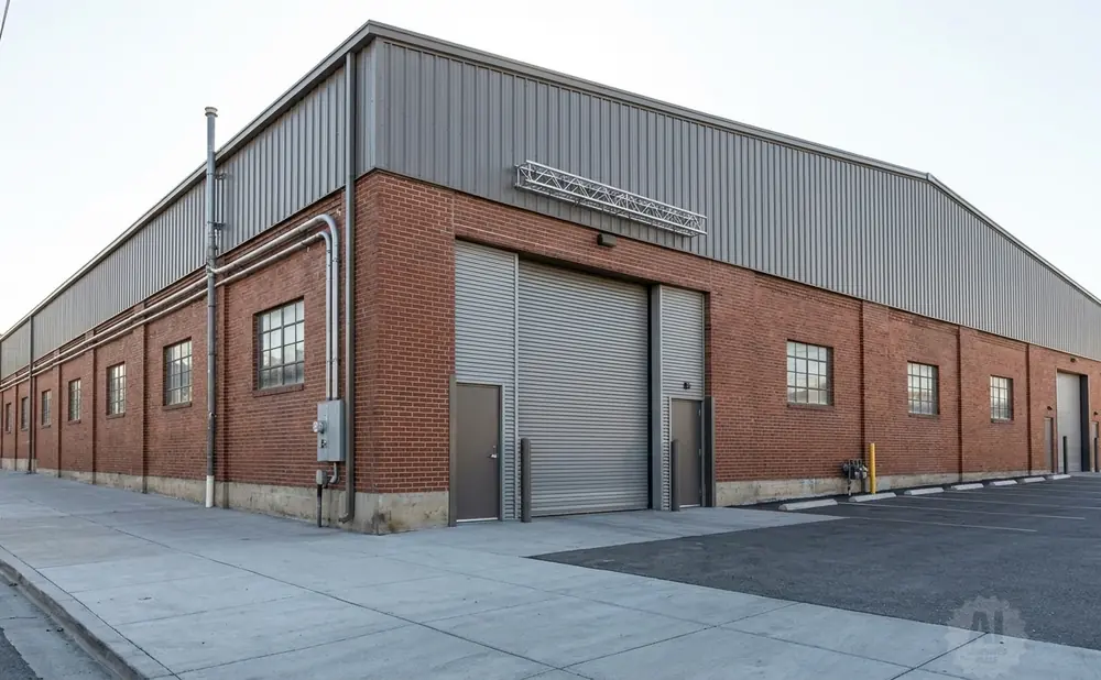 A brick industrial building with a corrugated metal roof and large roll-up doors under a bright sky.