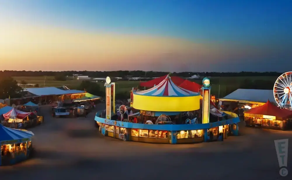 An amusement park with rides and attractions at dusk.