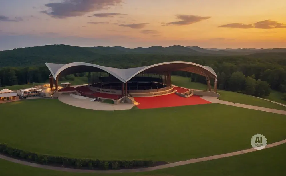 Outdoor amphitheater with a curved roof at sunset, surrounded by rolling green hills and trees.