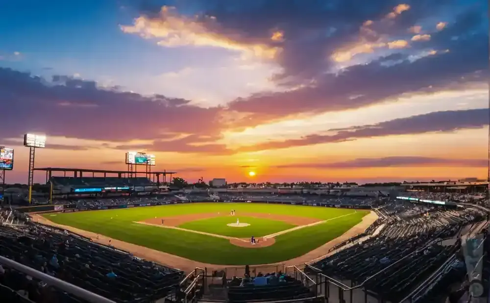 A baseball stadium at sunset with a colorful sky.