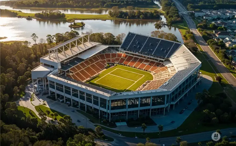 Aerial view of a large, modern stadium with orange seats, surrounded by trees and a body of water.