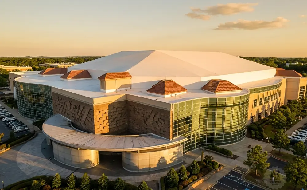 Aerial view of a large, modern building with a white domed roof, curved glass facade, and stone accents during sunset.