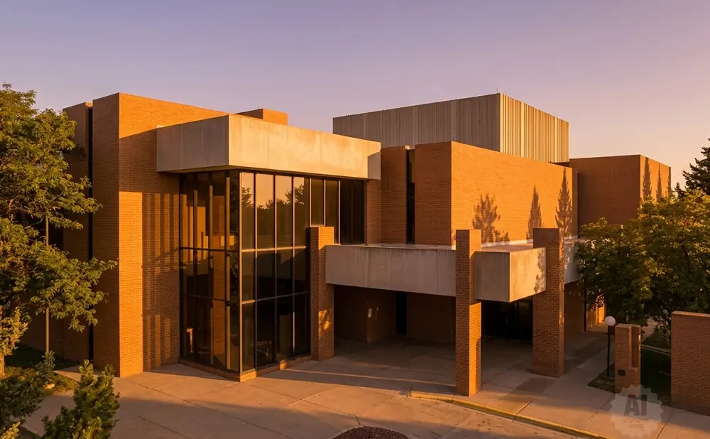 Modern brick building with large windows, illuminated by warm sunlight.
