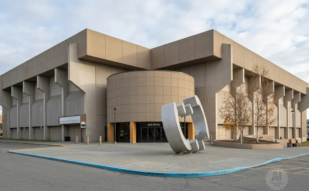Brutalist building with a large metal sculpture in front.