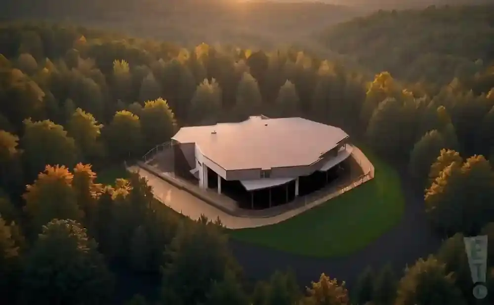 An aerial view of a modern, multi-leveled house nestled among trees during sunset.
