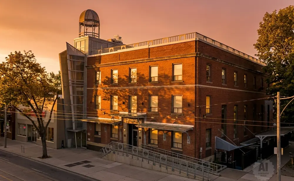 Brick building with a domed cupola, seen at sunset.