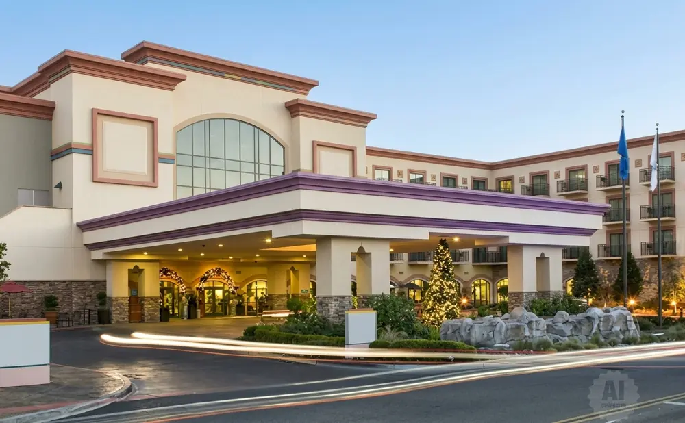 Hotel entrance with christmas tree and lights, flags, and a fountain.