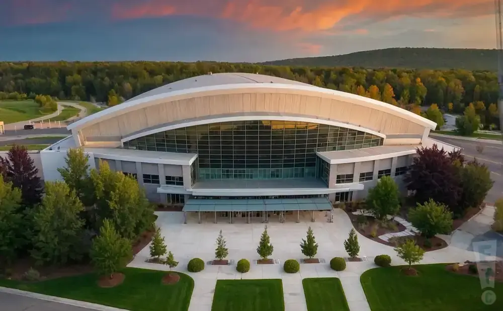 Aerial view of a modern domed building with a glass facade, surrounded by trees and a hilly landscape under a colorful sunset.