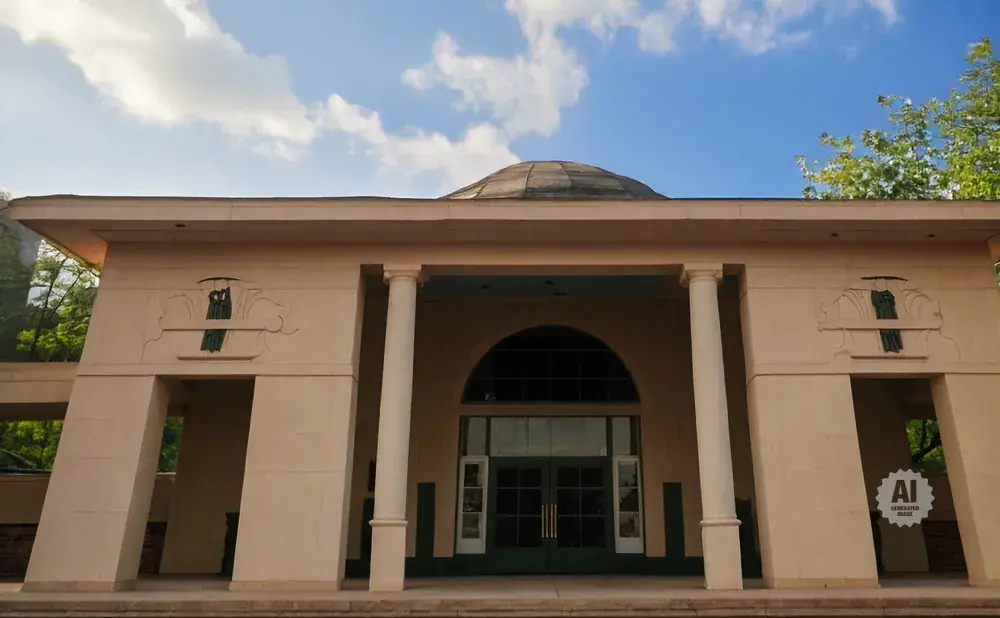 Beige building with columns, arched windows, and stylized figures above doorways.