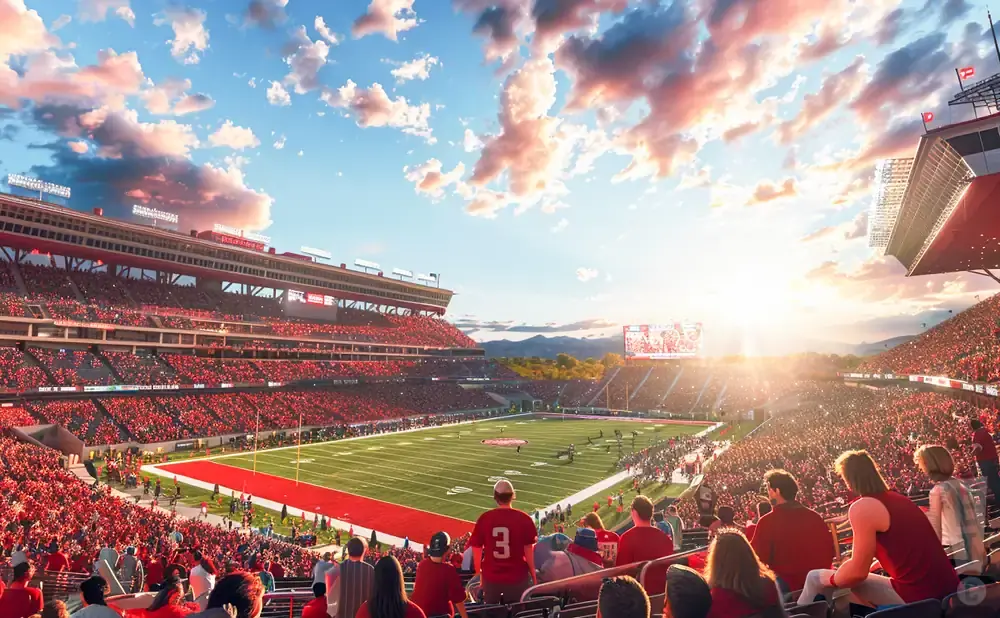 A football stadium at sunset, with red-clad fans in the stands and players on the field.