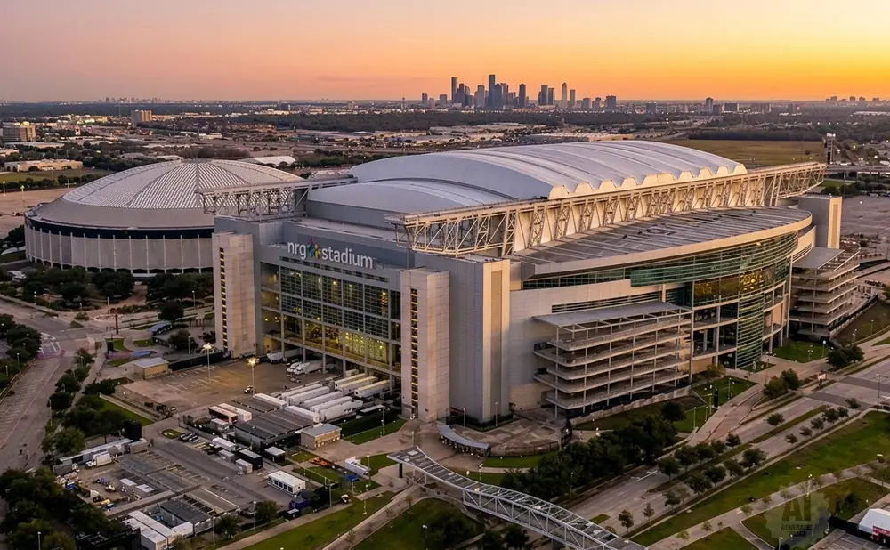 Aerial view of NRG Stadium and Astrodome at sunset, with downtown Houston skyline in the distance.