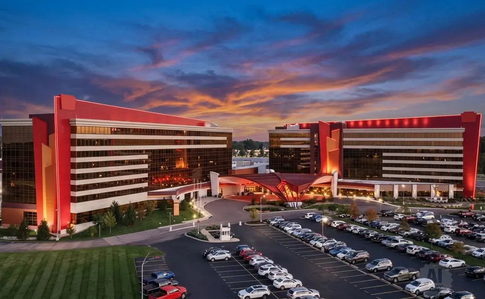 Modern casino resort with twin red and glass towers at sunset, illuminated with a parking lot full of cars.