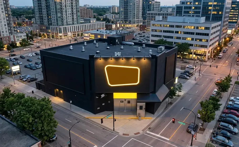 Aerial view of a black building with a glowing orange sign, surrounded by city streets and cars.