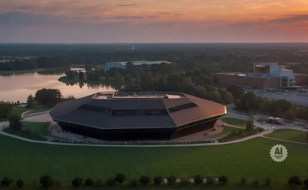Aerial view of an octagonal building on a grassy field by a lake at sunset.