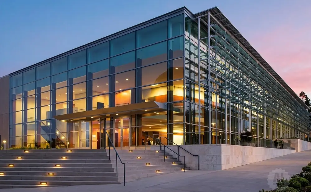 Modern glass building with a wide staircase and illuminated steps at dusk.