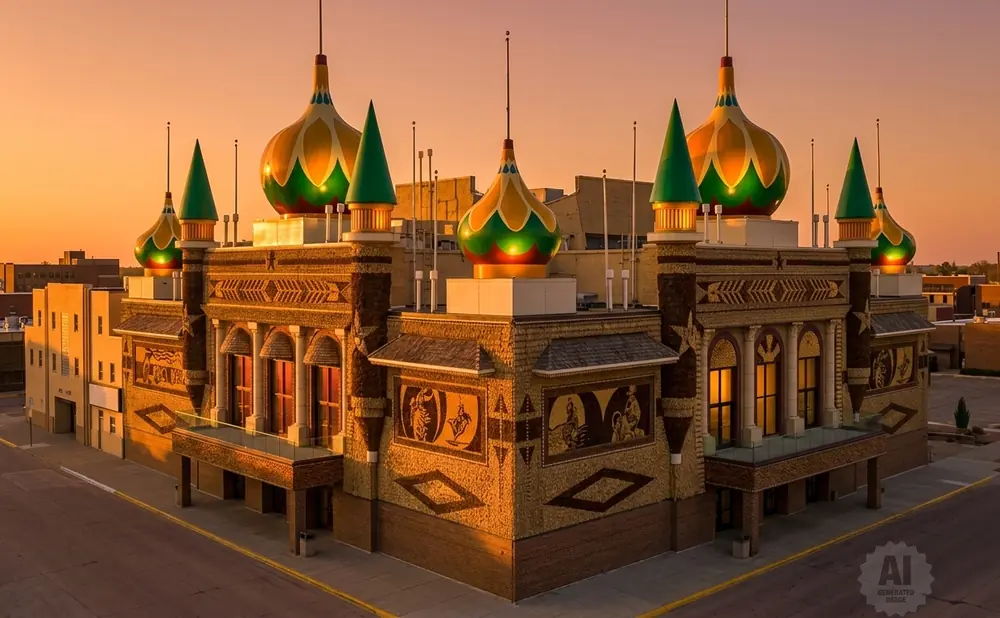 A uniquely decorated building with colorful domes and corn-cob mosaics, lit by warm sunset light.