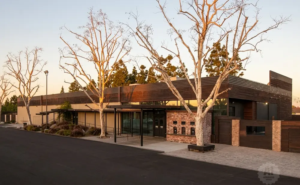 Modern building with wood and brick facade, surrounded by barren trees and landscaping, at sunset.