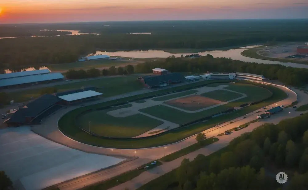Aerial view of a racetrack and baseball fields at sunset with a lake in the background.