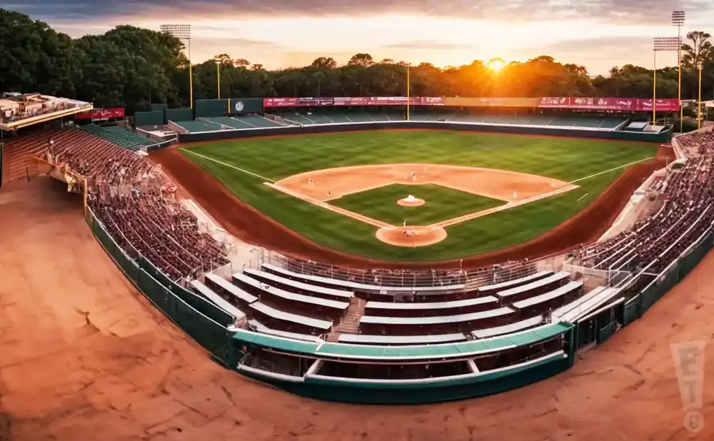Baseball stadium at sunset with green field, stands filled with spectators, and trees in the background.