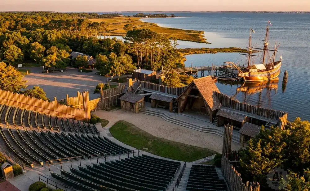 An aerial view of a historical reenactment site with a colonial ship docked by a wooden pier, an outdoor amphitheater, and period buildings.
