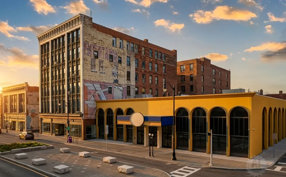 Sunset illuminates a street with historic buildings and arched storefronts.