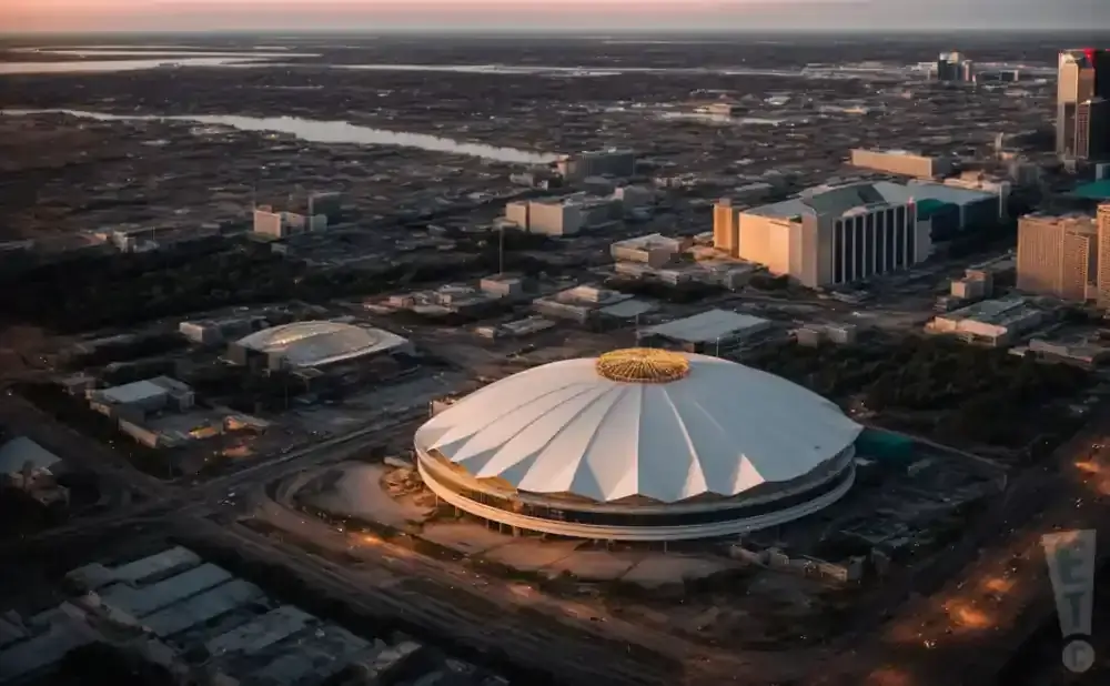 Aerial view of a domed stadium and surrounding cityscape at dusk.