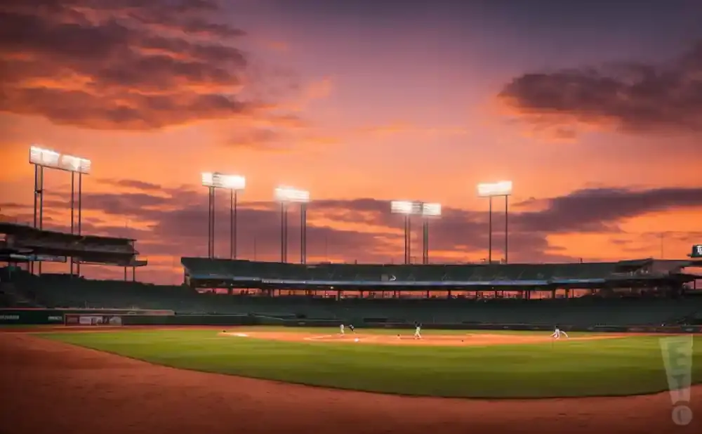 A baseball stadium at sunset with vibrant orange and purple clouds.