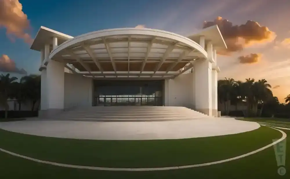 Modern white building with a curved roof and glass entrance, surrounded by palm trees and a grassy lawn under a sunset sky.