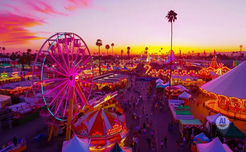 Aerial view of a vibrant fair at sunset, with a pink Ferris wheel, colorful rides, and palm trees against a purple and orange sky.