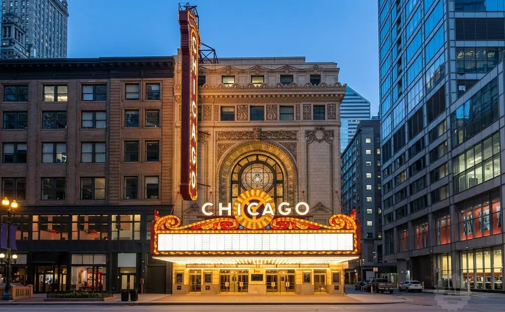 The Chicago Theatre marquee at dusk, with glowing lights and surrounding city buildings.