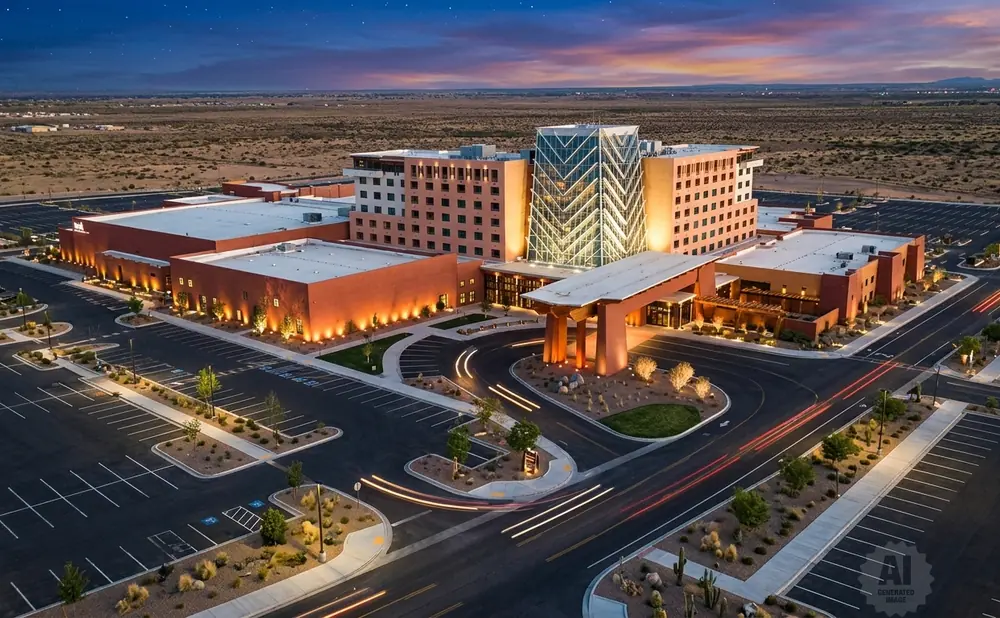 Aerial view of a modern casino and hotel at dusk, with desert landscape and glowing lights.