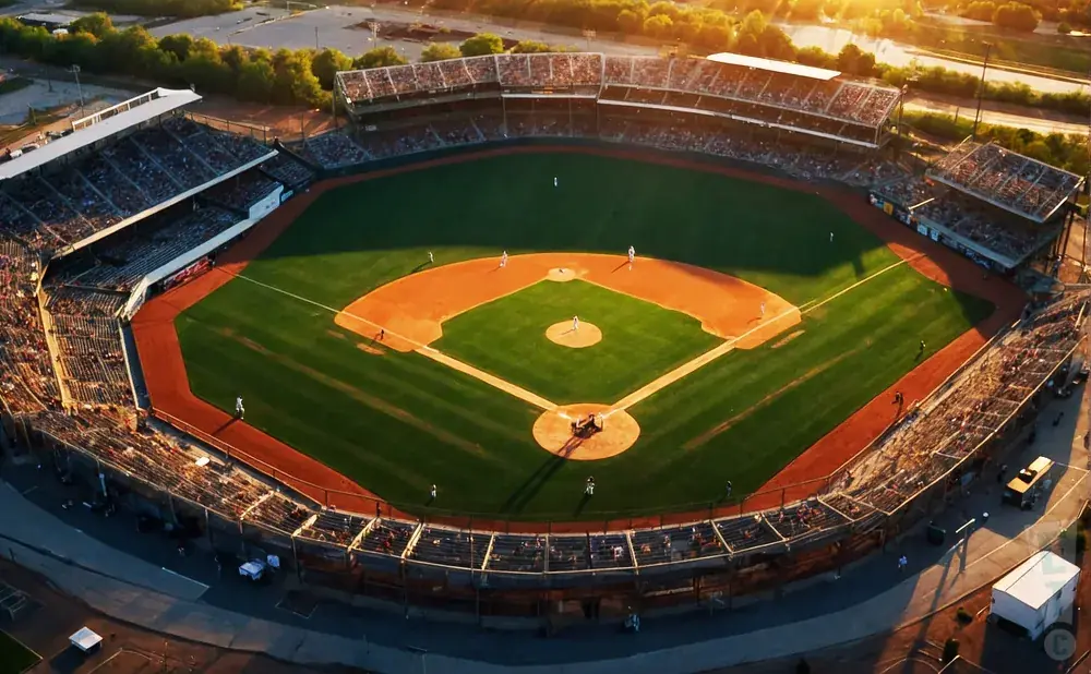 Aerial view of a baseball stadium during a game with a pitcher on the mound and players on the field.