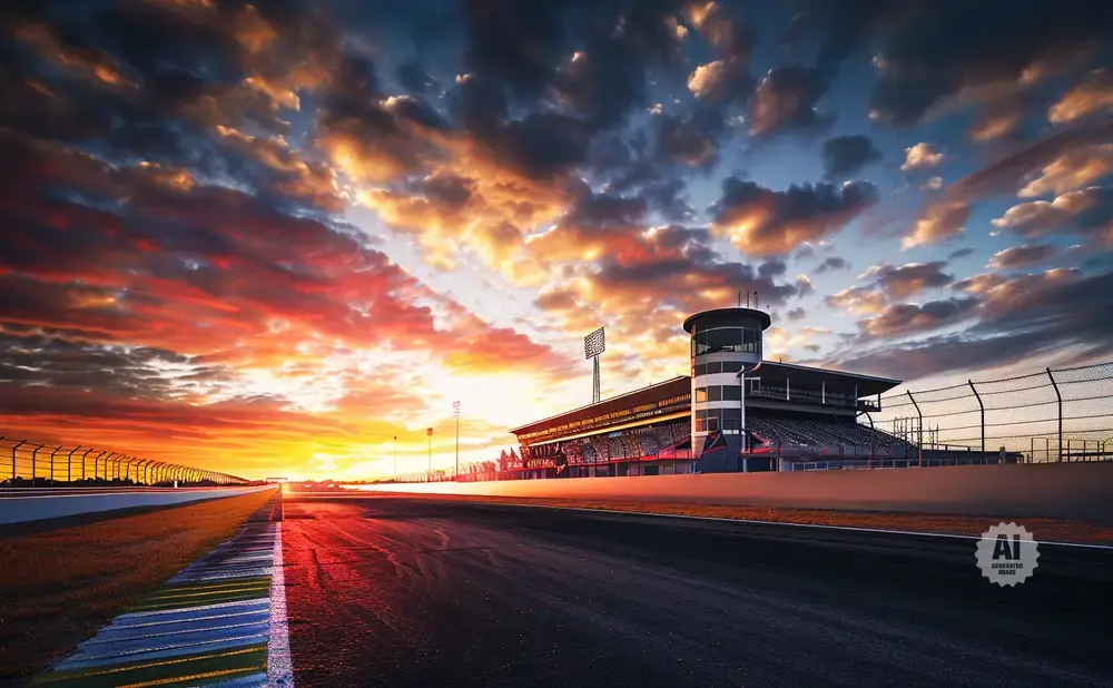 Race track and grandstands at sunset with dramatic, colorful clouds.