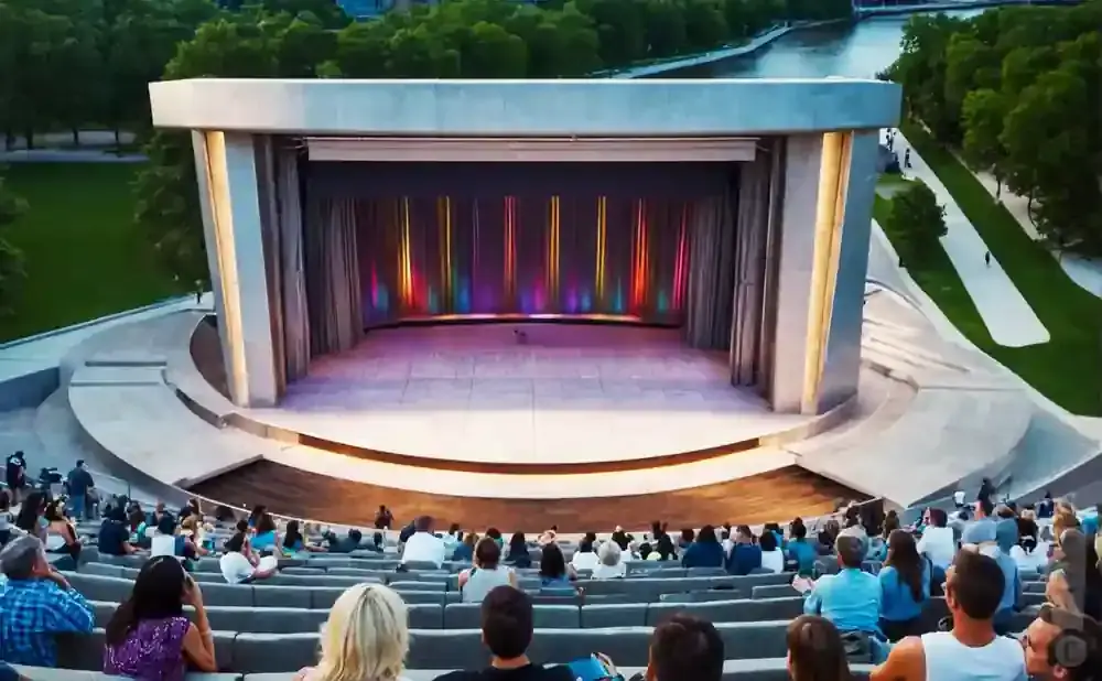 Outdoor amphitheater with a stage lit by colorful lights, and an audience seated in tiered rows.