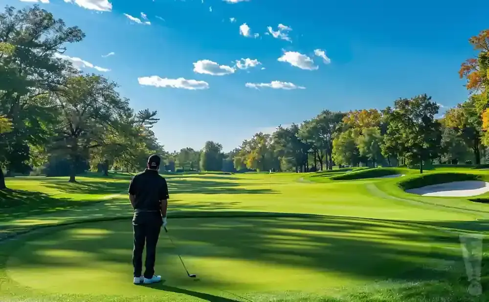 Golfer in black shirt and pants on a sunny golf course, preparing to hit a shot with a golf club.